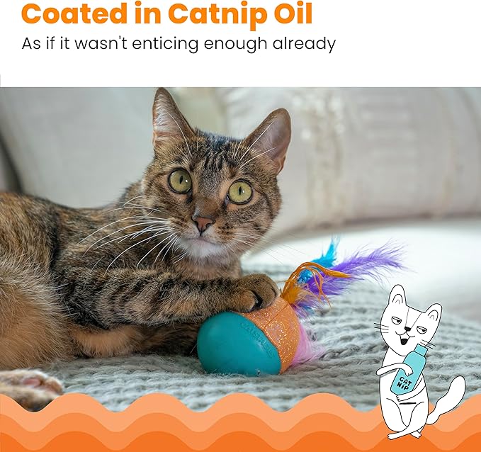 Catstages Whack N' Wobble Ball Intearctive Cat Toy, Weighted Ball with Feathers, Bell, Glitter Fabric & Catnip Oil, Turquoise