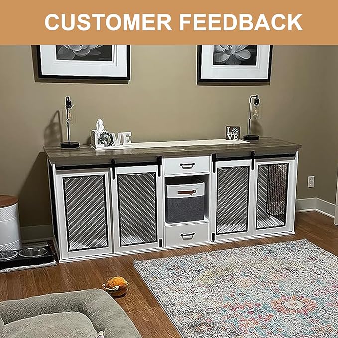 Extra Large Dog Crate Furniture, 85" Sliding Door Double Kennel for 2 Large Dogs Divided, Heavy Duty Wooden Dog Crate Kennel Furniture with 4 Dog Bowls and Drawer Indoor, White