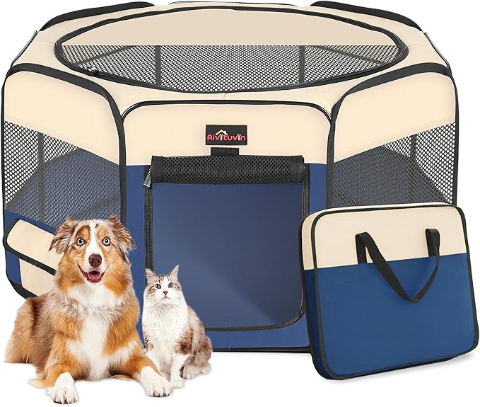 Aivituvin Dog Playpen, Foldable Pet Play Pens with Carrying Bag for Cat, Puppies, Rabbits, Portable Dog Tent Crates Cage for Travel Camping Indoor Outdoor, Removable Shade Cover, Blue M