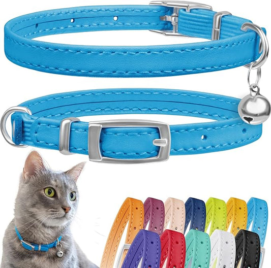 CollarDirect Leather Cat Collar with Bell - Kitten Collar, Small and Big Cat for Boy Cats, Girl Cats with Safety Elastic Strap (Neck Fit 6"-7", Light Blue)