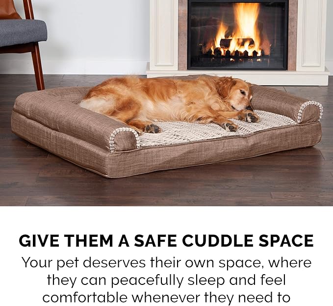 Furhaven Cooling Gel Dog Bed for Large Dogs w/ Removable Bolsters & Washable Cover, For Dogs Up to 95 lbs - Luxe Faux Fur & Performance Linen Sofa - Woodsmoke, Jumbo/XL