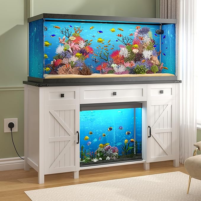 55-75 Gallon Aquarium Stand With Charging Station, Farmhouse Fish Tank Stand, Reptile Tank Stand Terrarium Stand with Drawer and Cabinet Storage, Sturdy Heavy Duty 53.5"×19.7" Tabletop - White