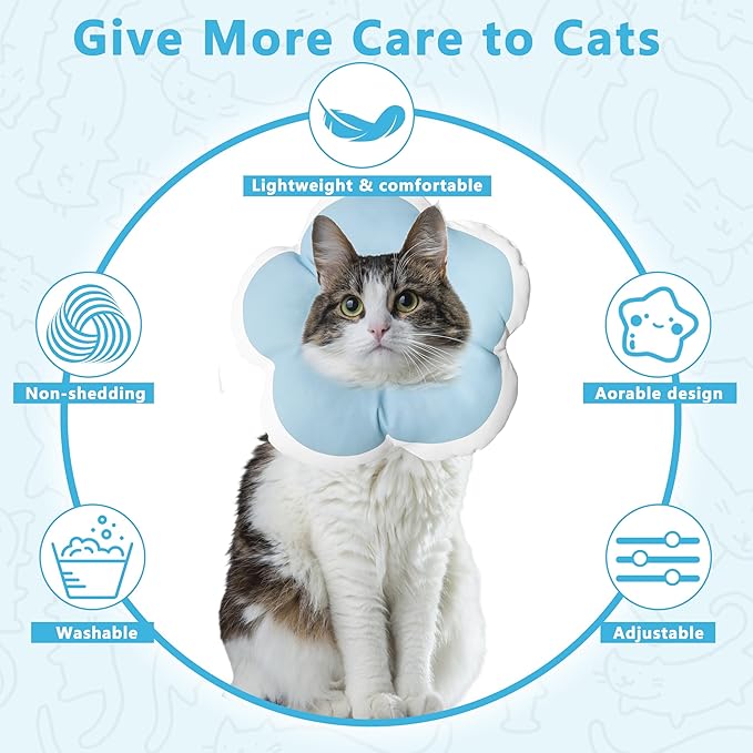 Cat Cone Collar Soft, Waterproof Cats Cones to Stop Licking After Surgery, Adjustable Soft Elizabeth Cats Collars for Wound Healing, Flower Shape Cat Recovery Collar (Blue, Small)