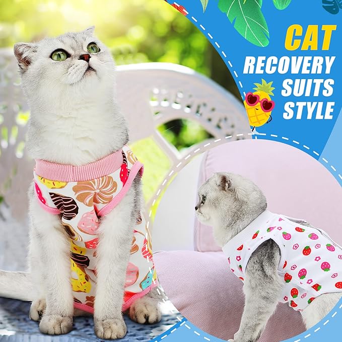 4 Pieces Cat Recovery Suits Body Wraps Breathable Kittens Recovery Clothes for Cats Small Dogs Abdominal Weaning(Banana, Football, Strawberry, Donut,L)