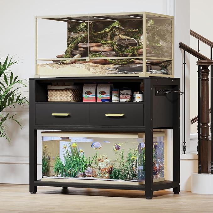 40-50 Gallon Fish Tank Stand with Power Outlet & 2 Storage Drawers, Heavy Duty Metal Frame Aquarium Stand with Waterproof Mat, 36.6" L*19.1" W Tabletop, 800LBS Capacity, Black
