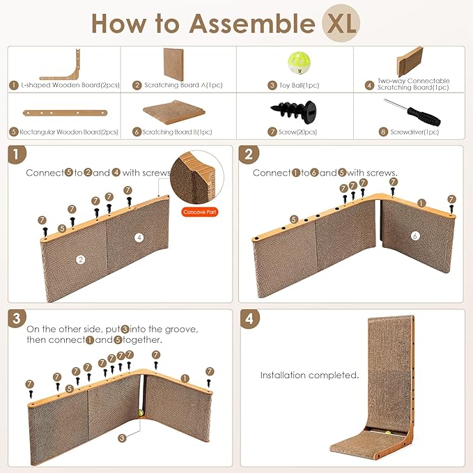EHEYCIGA Cardboard Cat Scratcher for Indoor Cats, 32 Inch L Shaped Vertical Cat Scratching Board with Ball Cat Toy, Extra Large Cat Scratcher Pad, Brown