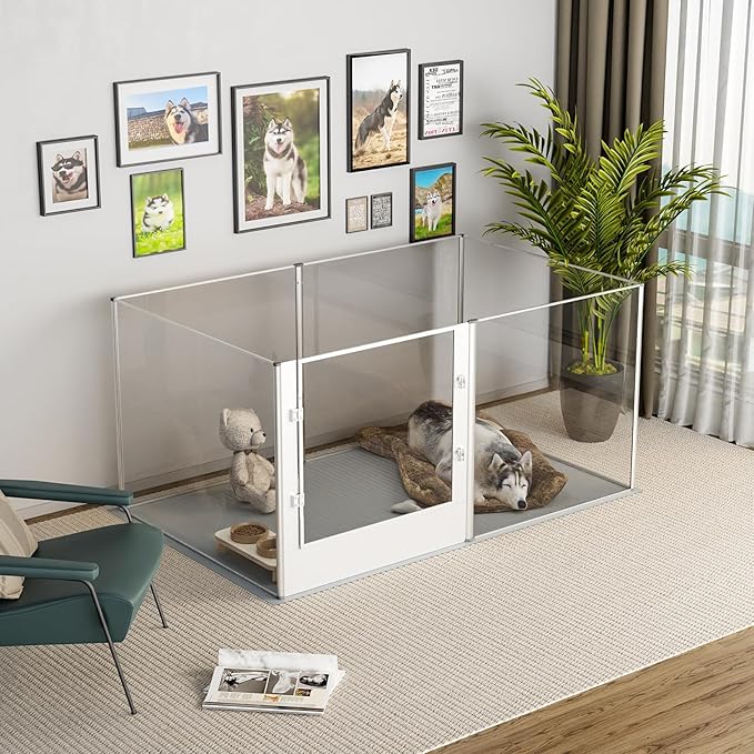 Dog Clear Playpen Fence Kennel: 32" Extra Tall Puppy Birthing Enclosure with Waterproof Fertility Pad - 64"x43" Pet Heavy Duty Play Pin Corral with Transparent View and Lockable Door for Dogs Bunny