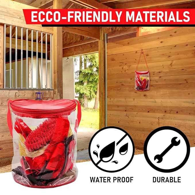 9 Pieces Horse Grooming Kit Tack Room Supplies Set with Organizer Tote Bag, Oval Massage Curry, Hard and Soft Brush, Hoof Pick, Sweat Scraper, Bathing Sponge, Combs for Horse Riders Beginners (Red)