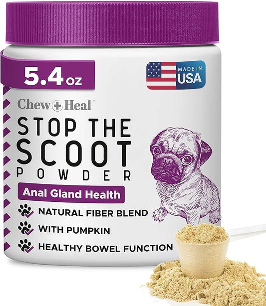 Chew + Heal Labs Glands Bowel Support - 5.4 oz of Stop The Scoot Powder for Scooting, Healthy Anal Glands, and Digestive Health - Made with Pumpkin Powder for Dogs