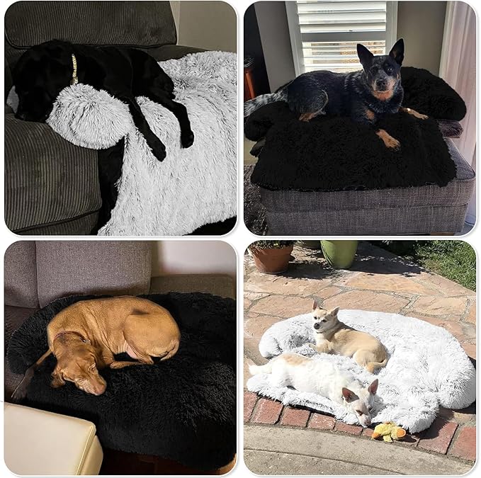 GGIB Calming Dog Bed Fluffy Plush Dog Mat for Furniture Protector with Removable Washable Cover for Large Medium Small Dogs and Cats (Extra Large (53x39.3x6), Black)