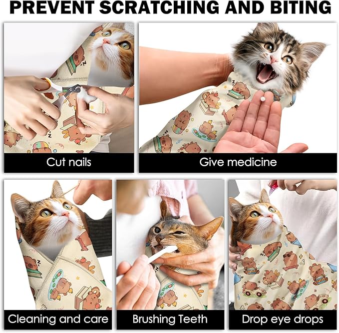 27.6"Cat Grooming Wrap, Self Adhesive Cat Wrap for Cutting Nails, Anti-Escape Calming Cat Swaddle Wrap for Medicine Ear Cleaning, Anti-Scratch Cats Burrito Restraint Blanket, Multifunctional Pet Tool