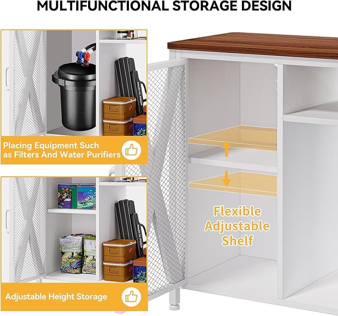 DWVO 40-50 Gallon Aquarium Stand with Power Outlets & LED Light, Cabinet for Fish Tank Accessories Storage - Metal Fish Tank Stand Suitable for Turtle Tank, Reptile Terrarium, 660LBS Capacity, White