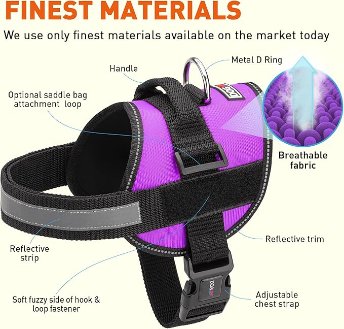 Dogline Dog Harness, Reflective No-Pull Adjustable Vest with Handle for Walking, Training, Breathable, No - Choke Harness for Small, Medium or Large Dogs Room for Patches Girth 22"-28" in Purple