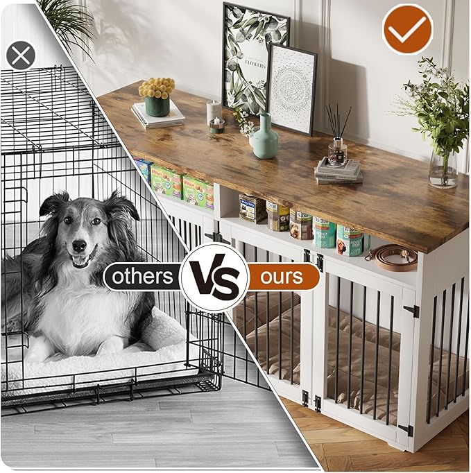 72'' Dog Crate Furniture for 2 Dogs, Wooden Dog Cage with Storage Compartment, Indoor Dog Kennel with 4 Doors for Large/Medium Dogs, White