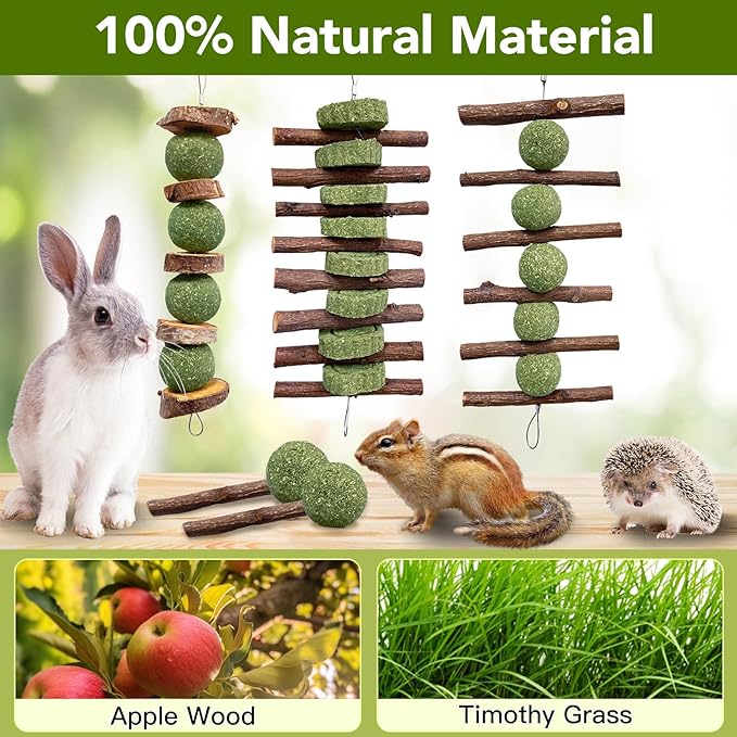 3 Pcs Bunny Chew Toys with 3 Pcs Rabbit Chew Lollipop for Teeth Grinding, Improve Dental Health, Treats for Rabbits Guinea Pigs Chinchillas Bunnies Hamsters