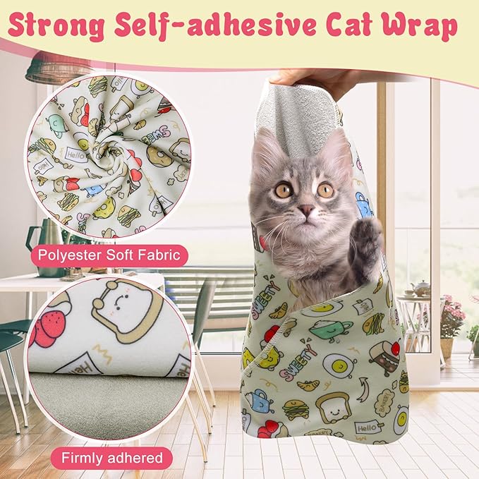 4p Cat Wrap for Cutting Nails Set, Self-Adhesive Cat Wrap Comfortable & Soft Cat Grooming Wrap Suitable for Many Cat Sizes Cat Burrito Wrap for Trimming Nails