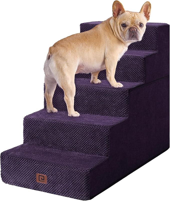 EHEYCIGA Dog Stairs for High Bed 22.5" H, 5-Step Dog Steps for Bed, Pet Steps for Small Dogs and Cats, Non-Slip Balanced Pet Ramp Indoor, Purple