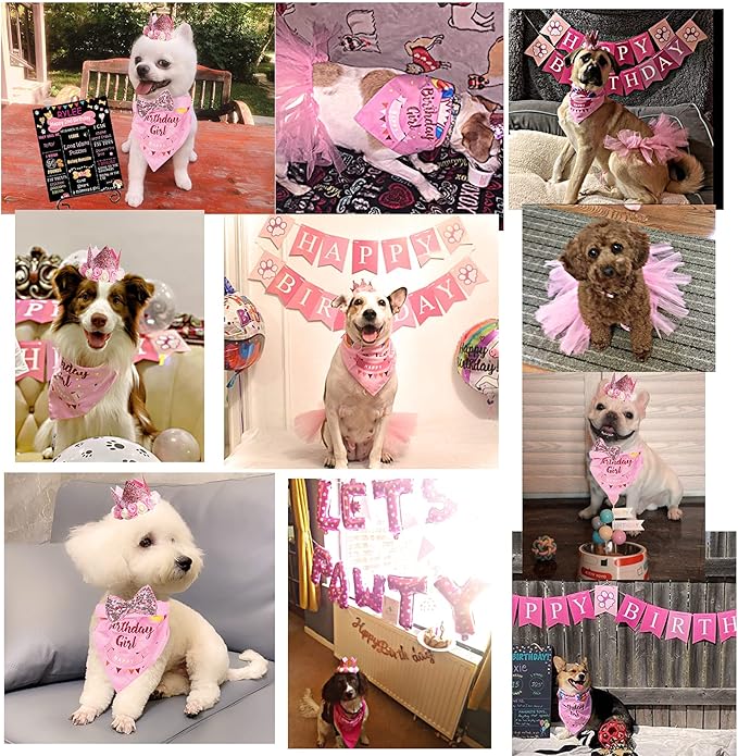 Dog Birthday Party Supplies, Pink Dog Birthday Decorations, Lets Pawty Balloons Banner Hat Bandana Tutu Skirt Outfit for Small Medium Dogs
