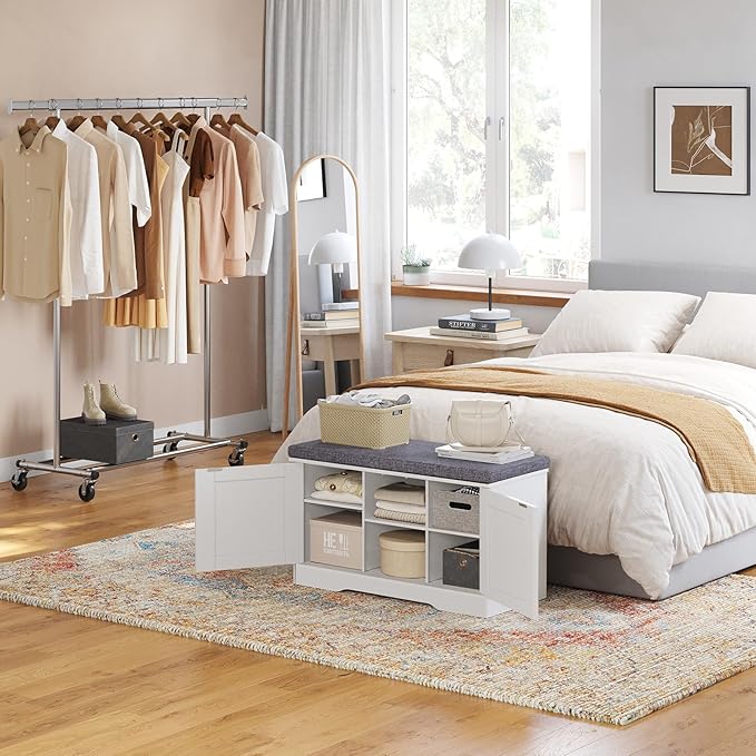 DINZI LVJ Shoe Bench, Entryway Storage Bench with Doors, Cushion, 2-Tier Shoe Rack with 6-Cubby, 31.5”L x 13.8”W Shoe Organizer Cabinet, Adjustable Shelf, Living Room, Bedroom, White