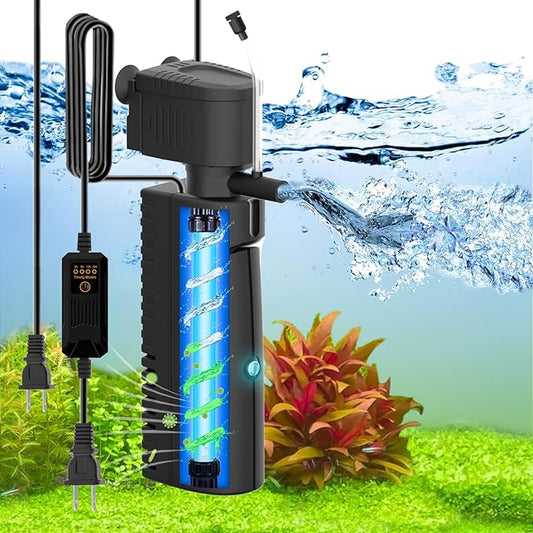 Fish Tank Filter with U - V Light & Timer (3/6/12/24 Hours) for Green Water Cleaning, Aquarium Filter with Aeration Turtle Tank Filter with Pre-Filter Sponge for Tanks 70-100 Gallon