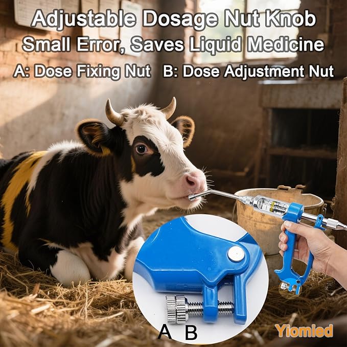 50ML Veterinary Metal Feeding Gun, Continuous Drench Gun Dosing Device Veterinary Adjustable Medicine Dispenser Husbandry Autonomous Feeding Tool, for Pig Cow, Sheep, Horse (Blue, 50ML+Kettle)