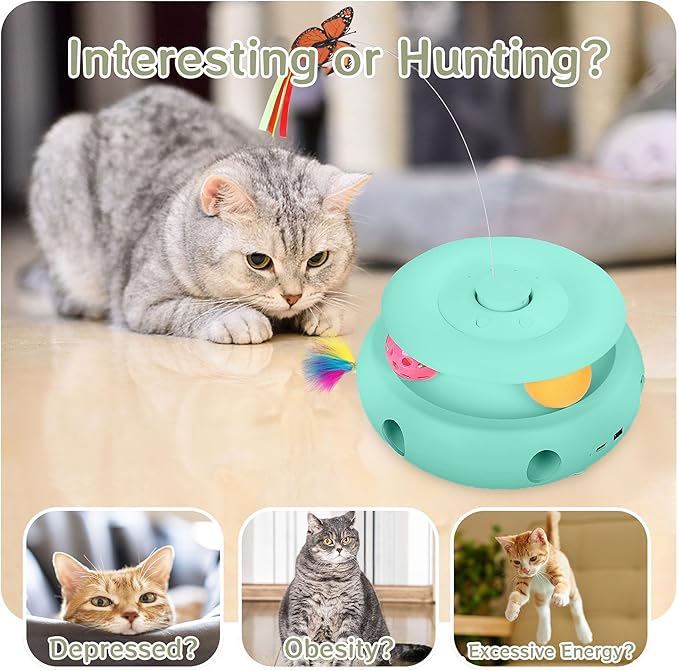 Cat Toys,3-in-1 Interactive Cat Toys for Indoor Cats,Rechargeable Automatic Interactive Cat Toy with Fluttering Butterfly,Smart Sensor 6 Holes Mice Whack-A-Mole and Track Balls,Blue