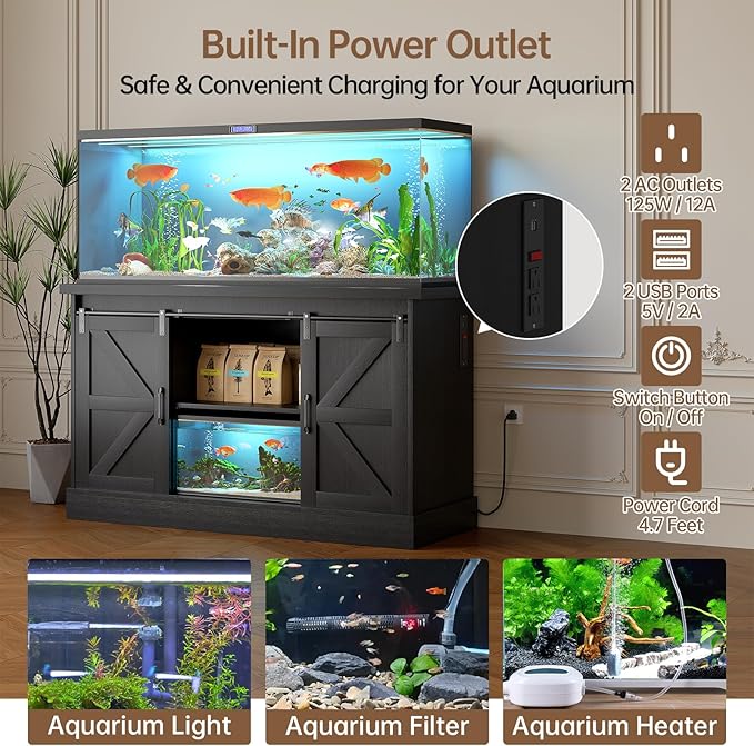 55-75 Gallon Fish Tank Stand with Sliding Barn Doors & Power Outlet, Heavy Duty Aquarium Stand with Cabinet Storage for Fish Tank, Turtle Tank, Reptile Terrarium, 1000LBS Capacity, Black