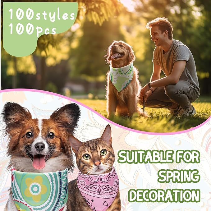 100 Pcs Dog Bandanas Bulk Pet Bibs Colorful Triangle Scarf Pet Bandanas for Medium Large Dogs Spring Summer Birthday Costume Decoration (Paisley)