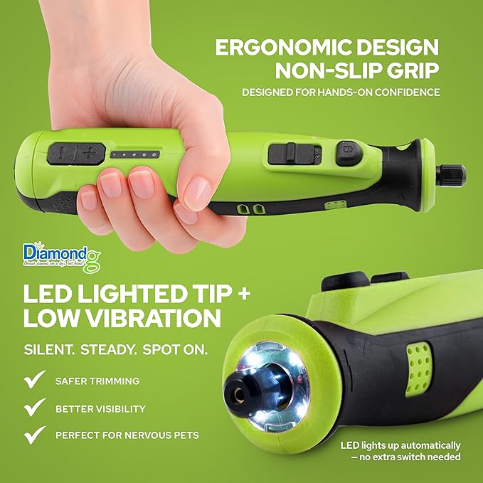 Diamondg Cordless Dog Nail Grinder with Quiet Sound & LED Tip for Large & Small Dogs, 4hrs. Runtime, 2 Bits Included, Green