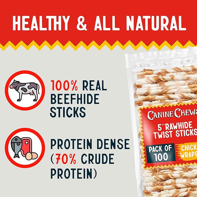 Canine Chews Chicken-Wrapped Rawhide Twists for Dogs - Pack of 100 U.S.A. Sourced Chicken Wrapped Rawhide Dog Treats, Sticks for Dogs - Premium & Natural Beefhide Chews