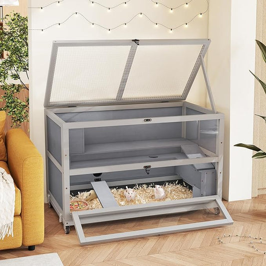 Coziwow Hamster Cage 35.4'' with Removable Ramps & Tray, Small Animals Hutch with Wheels & 2 Openable Doors, 3-Tier Wooden Cage for Dwarf Syrian Hamster, Mice, Rat, Rabbit