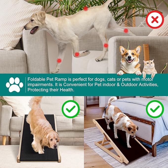 Dog Ramp for Bed, Adjustable Pet Ramps for Dog to Get on Bed, Non-Slip Rubber Surface - Folding Wooden Dog Ramp for Small/Large/Old Dogs, Adjustable up to 19.5 inch High Beds
