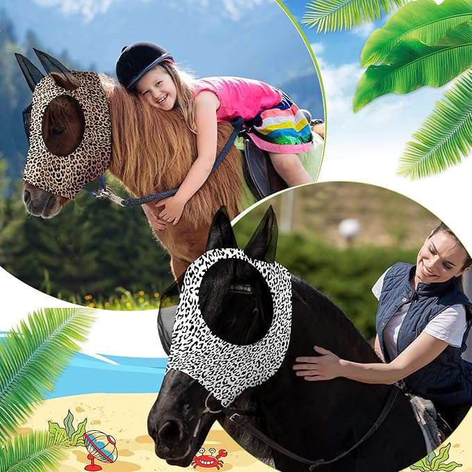 Chunful 6 Pcs Horse Fly Masks with Ears Smooth and Comfortable Cashel Mesh Fly Mask Elasticity Breathability UV Protection Horse Face Covering for Riding Supplies(Leopard,Large)