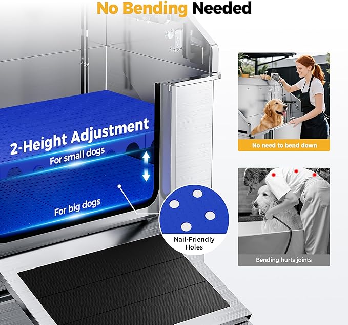 50" Dog Washing Station - 304 Stainless Steel, 27.4" Wide Ramp, Water-Storing Dog Bathing Station w/Swivel Wheels, Pet Proof Faucet, 2 Drawers, Dog Bathtub for Medium & Small Dogs