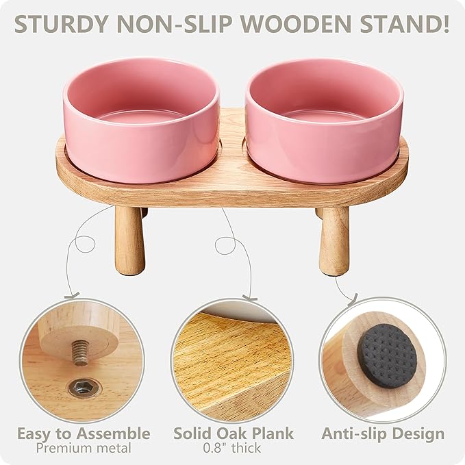 Ceramic Elevated Dog Bowls, Pet Food and Water Bowl Set for Large Dogs, 7.5 Cups Dog Bowls Raised with Wood Stand, 61OZ, Pink