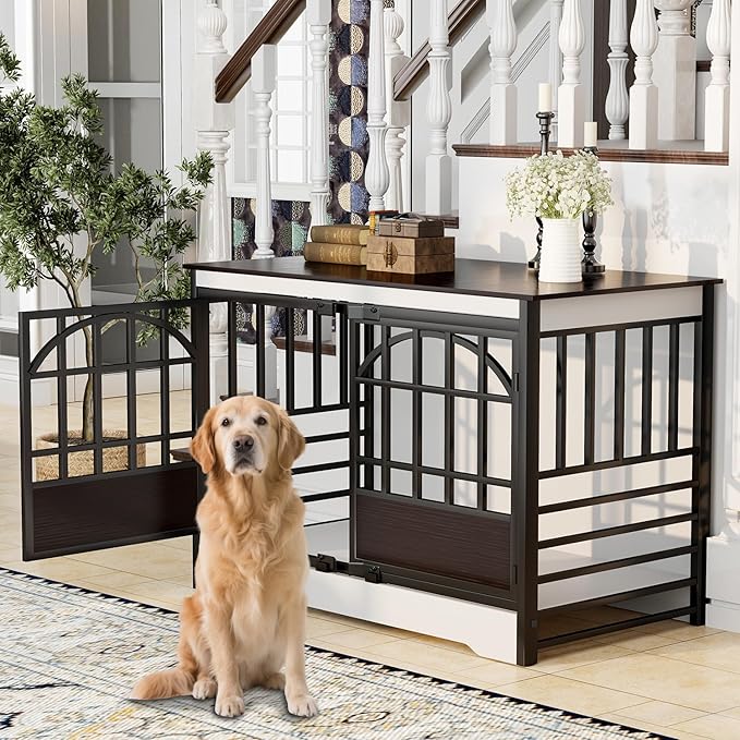 COZPAW 52 Inch Dog Crate Furniture, Extra Large Dog Kennel Indoor for XLarge Breed, Heavy Duty Dog Cage with Double Elegant Arched Doors, Decorate as TV Stand & End Table - White Brown