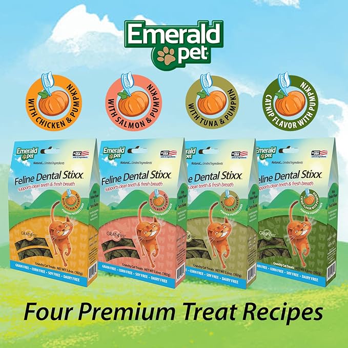 Emerald Pet Feline Dental Stixx — Tasty and Crunchy Cat Dental Sticks with Pumpkin for Digestive Health — Natural Grain Free Dental Treats for Clean Cat Teeth and Fresh Breath — Chicken Stixx, 3.6 oz