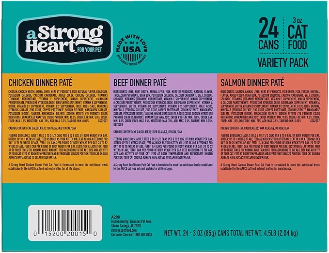 A Strong Heart Canned Wet Cat Food, Chicken, Beef and Salmon Variety Pack - 3 oz Cans (Pack of 24), Made in The USA with Real Chicken, Beef and Salmon
