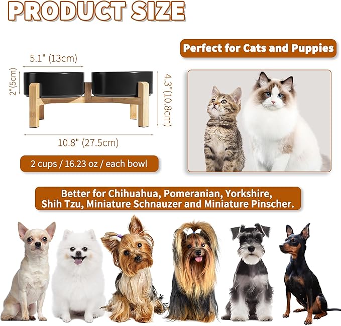 Elevated Ceramic Dog Bowl Set - Raised Feeding Bowls with Non-Slip Bamboo Stand - Small Pet Dishes for Food and Water - Ideal for Cats and Puppies - 16.23 OZ - 2 Cups - 480 ML