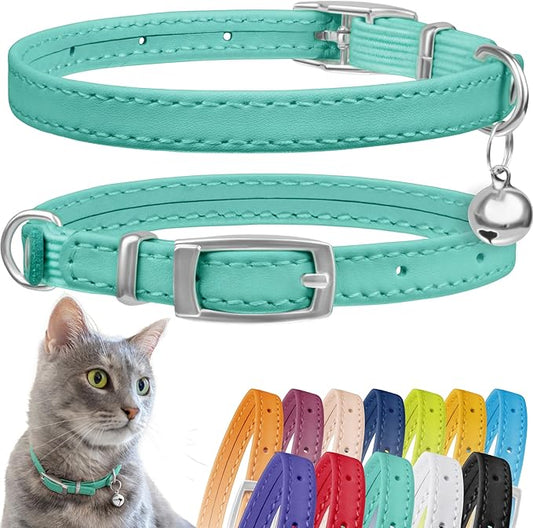 CollarDirect Leather Cat Collar, Cat Safety Collar with Elastic Strap, Kitten Collar with Bell Black Blue Red Orange Lime Green (8-11 Inch, Mint Green)