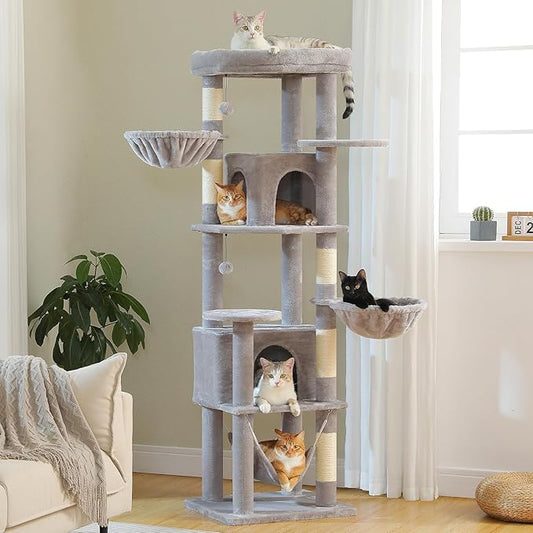 71.2" Tall Cat Tree for Indoor Cats - 9-Level Multi-Cat Tower w/5 Sisal Scratching Posts, 2 Condos, 3 Hammocks, Perch & Pom Poms - Heavy-Duty for Adult Cats, Space-Saving Plush Gray