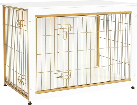 DWANTON Dog Crate Furniture with Cushion, Wooden Kennel Table with Double Doors, Indoor Dog House, Large Size, 38.5" L, White