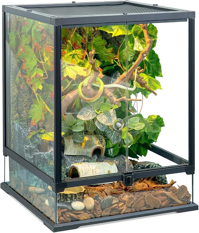 Glass Reptile Tank Front Opening Terrarium Suitable for Leopard Geckos, Snakes, Tree Frogs, Chameleons,Watertight Base, Ventilated Metal Mesh Top, Pre-Drilled Cable Holes 23.9x18x18''