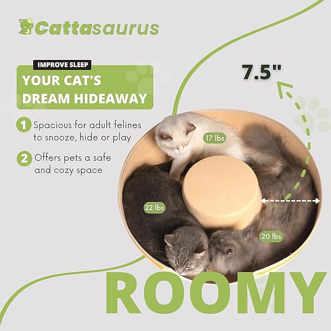 Cattasaurus Peekaboo Cat Cave for Multiple & Large Cats Up to 30-45 Lbs, Scratch Detachable & Washable Tunnel Bed, Comfy Donut Cat Cave (Pastel Macaron, Large)