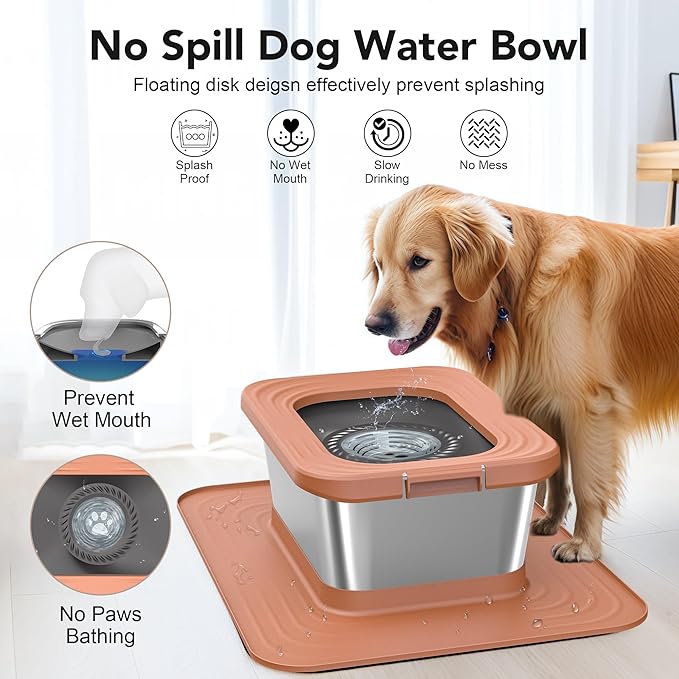 Decflow 10L Stainless Steel Dog Water Bowl, No Spill Anti-Splash Dog Bowls with XXL Silicone Mat, Spill-Proof Slow Feeder for Messy Drinkers, Heavy Duty Pet Bowls for Indoor/Outdoor Use Pink