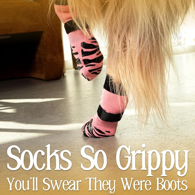 DOK TigerToes Premium Non-Slip Dog Socks for Hardwood Floors - Extra-Thick Grip That Works Even When Twisted - Prevents Licking, Slipping, and Great for Dog Paw Protection (XXS, Sassy Pink)