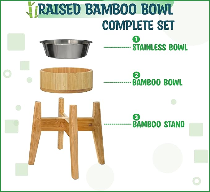 Elevated Dog Bowls for Large Breed - (15-Inch Tall, 74-oz Cap), Deter Ants and Bugs - Raised Single Feeder, Suitable for Dry and Wet Pet Foods - Bamboo with Stainless Steel Dish