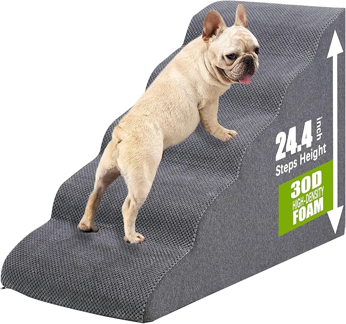 Dog Stairs&Steps for High Beds Up to 28'', 5-Step Dog Ramp for Small Medium Dogs with Washable Cover, Non-Slip Steps for Cats to Get on Couch and Sofa, Durable Foam Ladders, 24.4" Tall, Grey