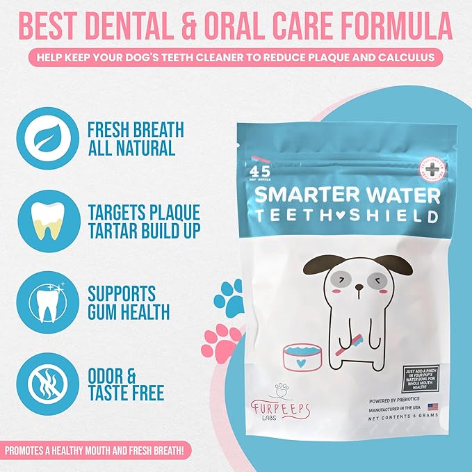 Dog Breath Freshener Powder for Water – Cat & Dog Dental Care Water Additive, Natural Plaque & Tartar Remover, Bad Breath Eliminator, Easy No-Brush Oral Hygiene – 45 Servings, Vet Recommended