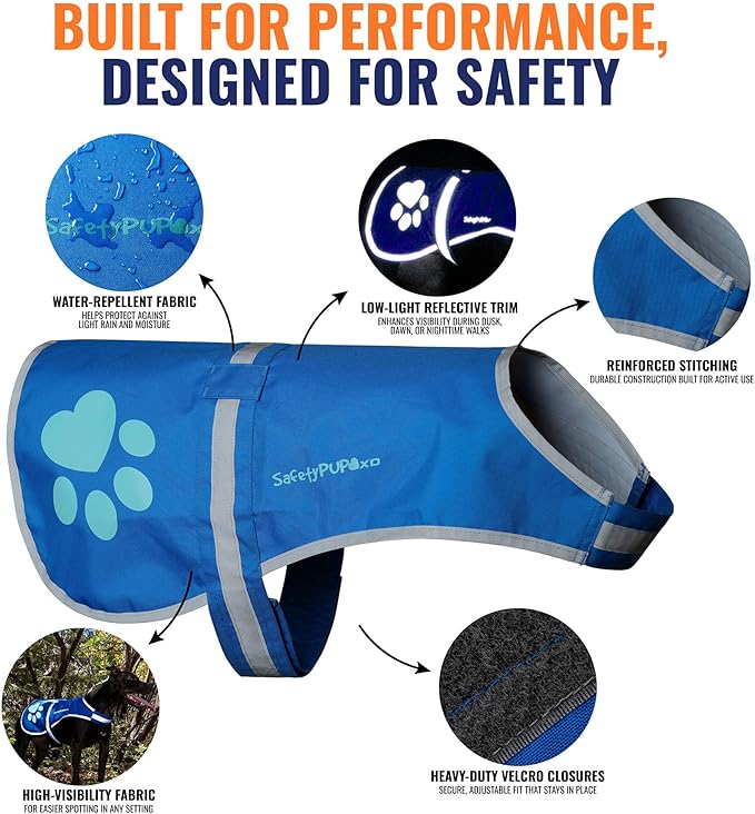 Dog Reflective Vest – Hi-Vis Fluorescent Visibility That Helps to Safeguard Your Pet On/Off Leash in Urban & Rural Areas (Blue, Large)